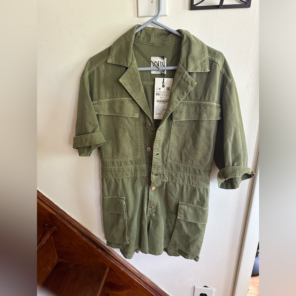 Zara NWT Safari Playsuit XS Romper Dress Forest Green